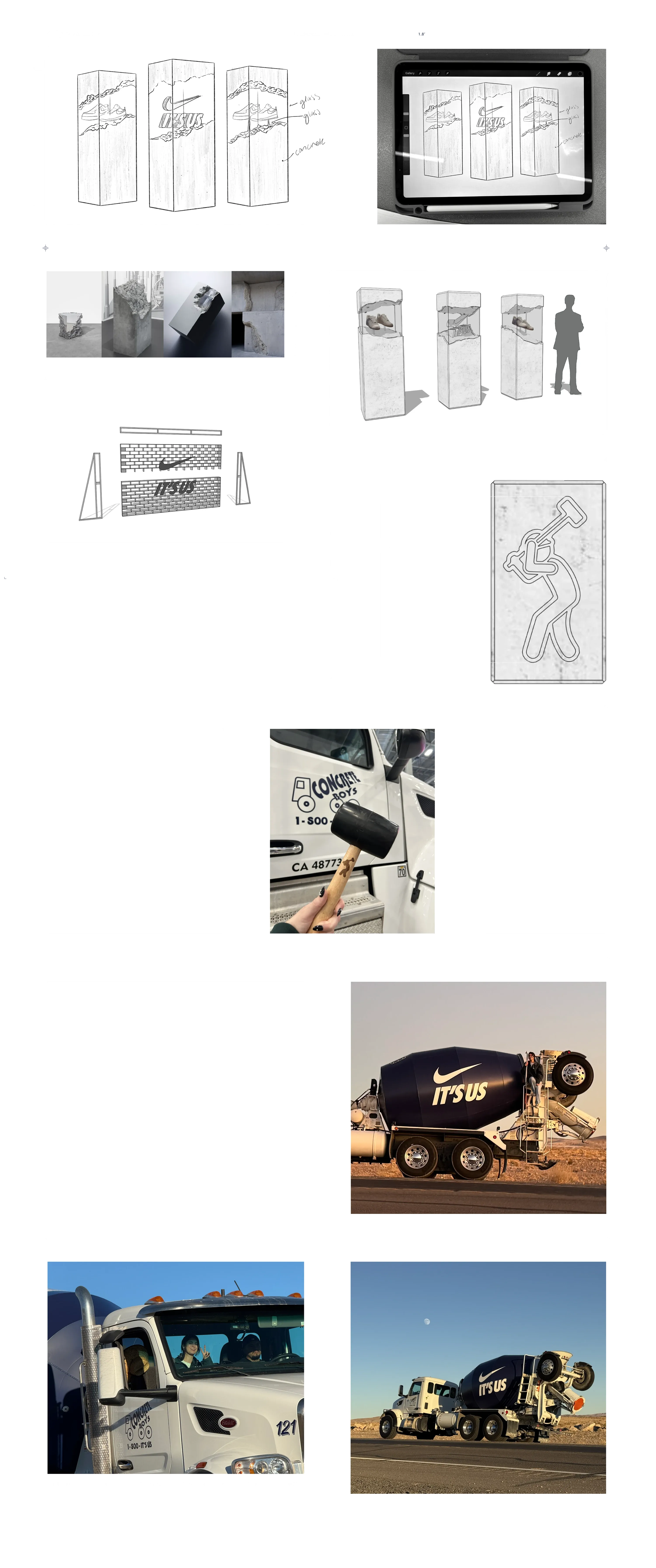 Behind the scenes: sketches of the concrete display on paper and iPad, material references, the pedestal render, the It’s Us brick wall render, the mallet figure, the Concrete Boys truck door (1-800-It’s Us), and the It’s Us truck on a desert road