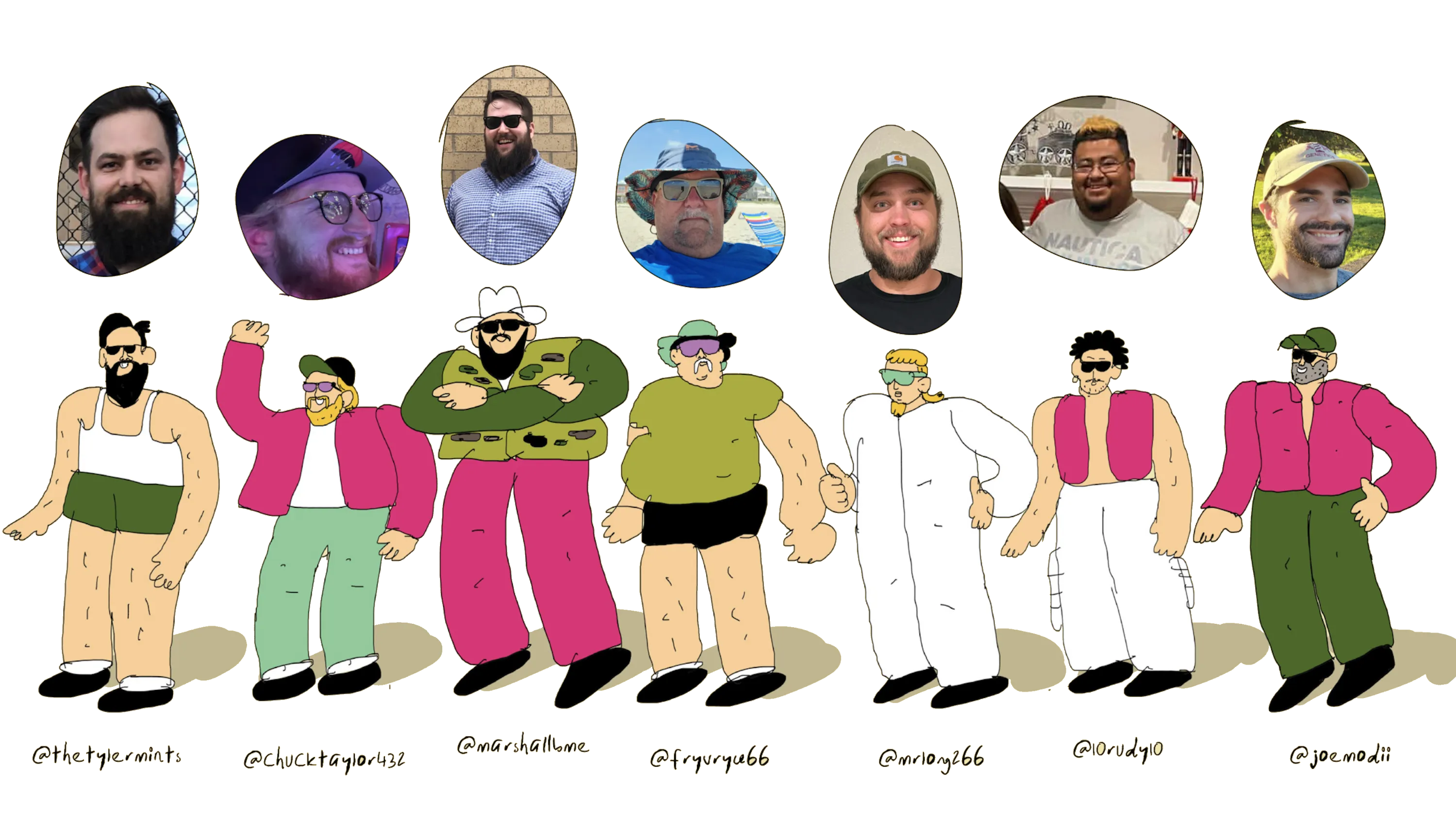Seven Prickly Pear fans drawn as cartoon characters beneath their profile photos: @thetylermints, @chucktaylor432, @marshallbme, @fryvrye66, @mrlong266, @10rudy10, @joemodii