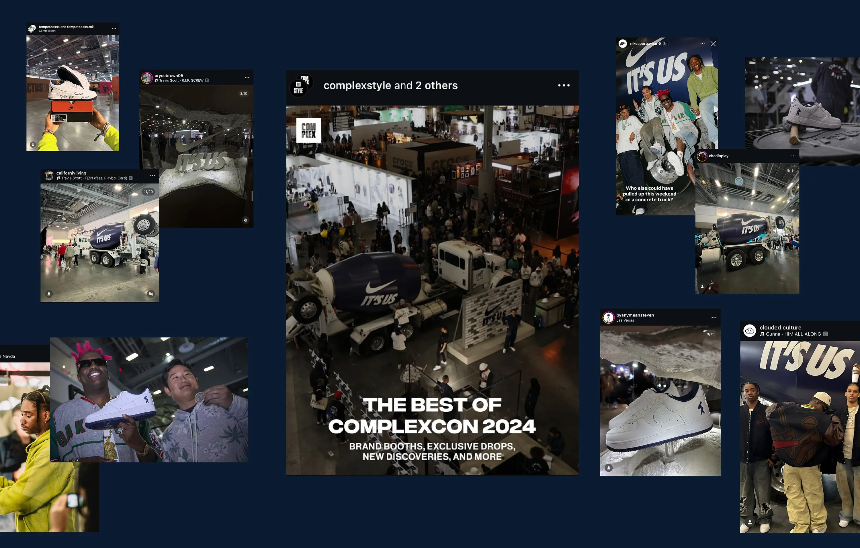 A collage of Instagram posts and stories from ComplexCon: the It’s Us truck, fans holding the US Force 1, Complex Style’s “The Best of ComplexCon 2024: brand booths, exclusive drops, new discoveries, and more”, and Nike Sportswear asking “Who else could have pulled up this weekend in a concrete truck?”
