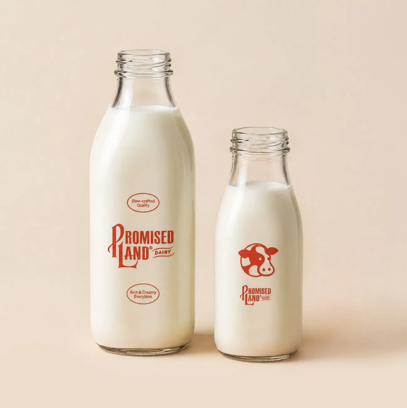 Two glass milk bottles printed in red: the Promised Land Dairy logo with “Slow-crafted Quality” and “Rich & Creamy Everytime”, and the cow mark