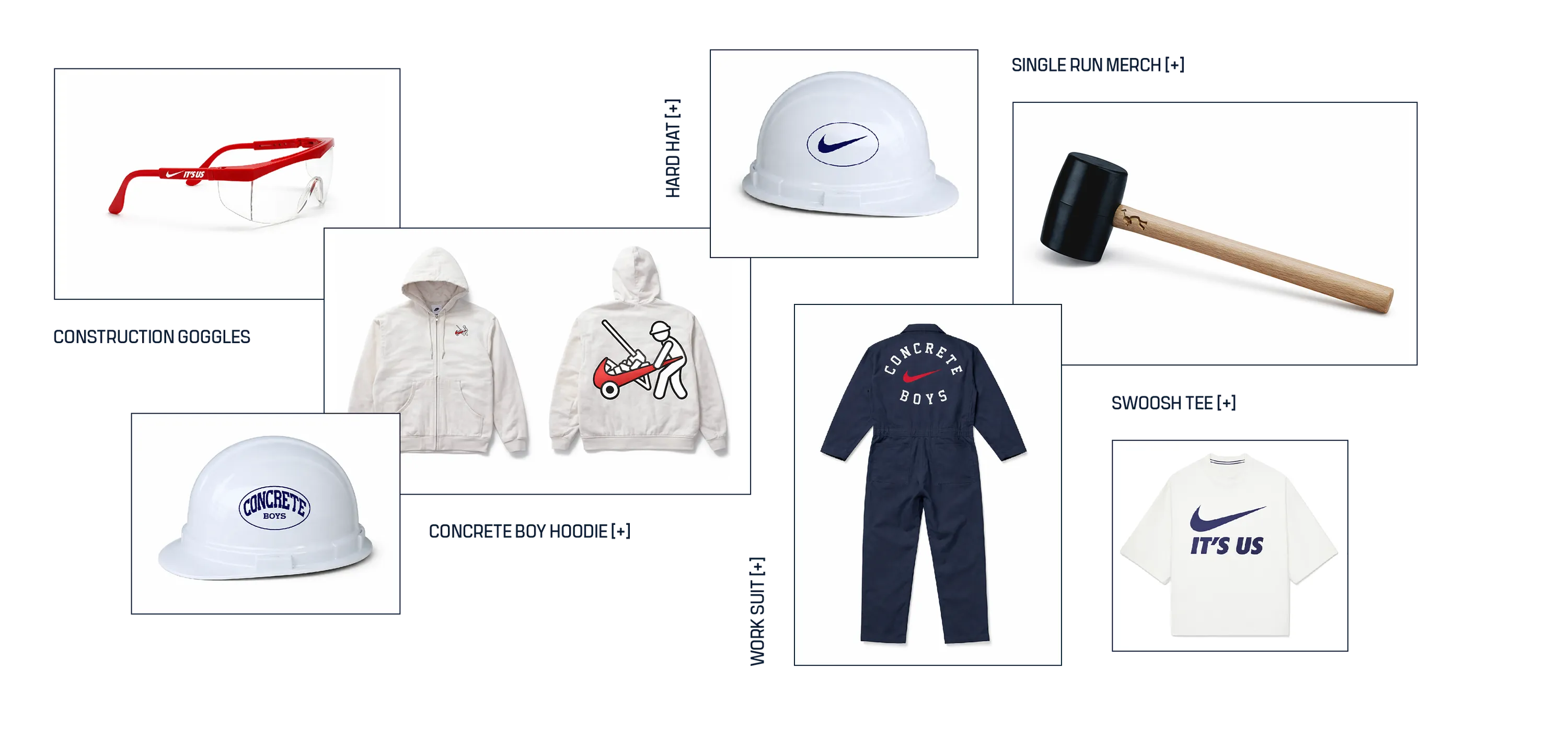 Merch sheet, labelled: Construction Goggles (red, It’s Us), Hard Hat (white, with the Swoosh and Concrete Boys), Single Run Merch (a black rubber mallet), Concrete Boy Hoodie (cream, a wheelbarrow figure on the back), Work Suit (navy Concrete Boys coveralls), Swoosh Tee (white, It’s Us)