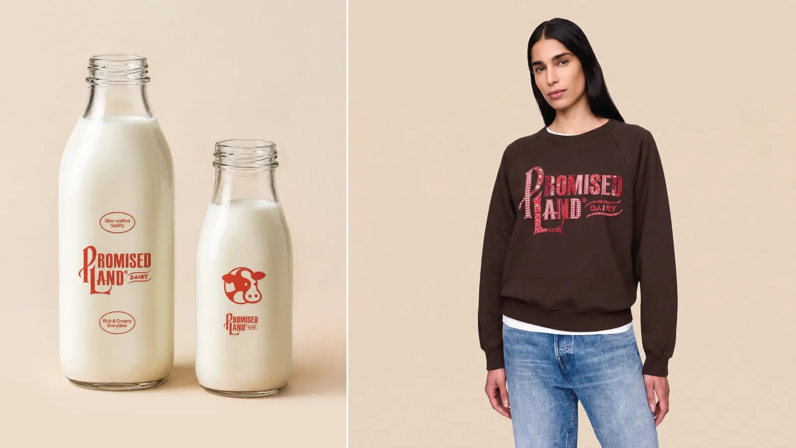 Two glass milk bottles printed in red with the Promised Land Dairy logo and the cow mark, beside a woman in a brown sweatshirt with the Promised Land Dairy logo in red gingham and floral patchwork